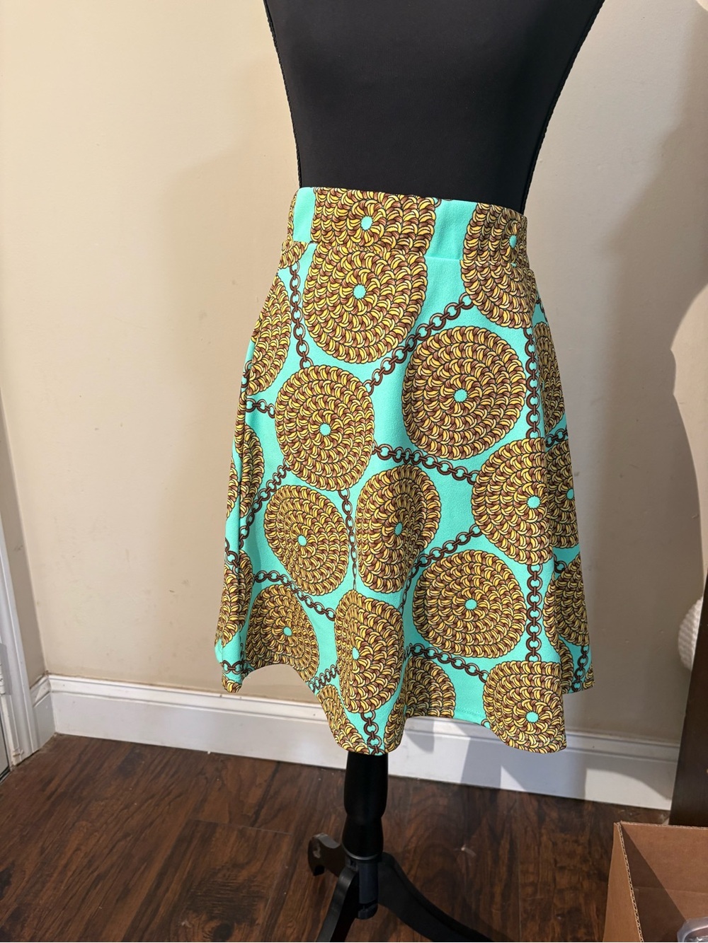 Colorful Retro-Style A-Line Skirt! DC Aqua and Gold Medallion.Stretch at Waist.